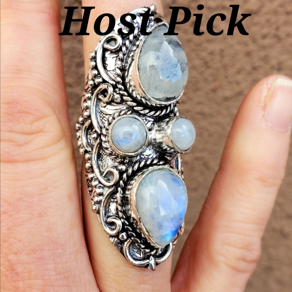 New Rainbow Moonstone 925 Silver Statement Ring.